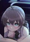  1boy 1girl ahoge aqua_eyes black_ribbon blurry blurry_background braid bright_pupils brown_hair censored clothed_female_nude_male clothing_cutout collared_shirt commentary_request crown_braid double-parted_bangs fellatio grey_shirt hair_between_eyes hair_ribbon hetero highres hololive long_hair male_pubic_hair mosaic_censoring nail_polish natsuiro_matsuri natsuiro_matsuri_(casual) navel neck_ribbon nude official_alternate_costume official_alternate_hairstyle oral pink_nails pubic_hair ribbon shirt shoulder_cutout sidelocks solo_focus stomach virtual_youtuber white_pupils zabudog777 
