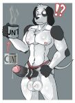 angry anthro athletic athletic_anthro balls beverage big_balls big_butt big_chest big_penis bird_dog black_and_white black_body black_ears black_fur black_paws black_penis bodily_fluids breasts bulge butt canid canine canis clothing coffee coffee_mug container cup domestic_dog english_pointer english_text fur genital_fluids genitals grey_background grey_balls hand_on_butt hands_on_hips hi_res holding_container holding_cup holding_object hunting_dog jockstrap leaking_penis leaking_precum male mammal markings monochrome monochrome_body morning_routine muscular nipples penis precum red_clothing red_jockstrap red_underwear shocked shrederr_8 simple_background sketchy_(character) solo spots spotted_body spotted_fur standing striped_genitalia striped_penis stripes sweat sweaty_balls sweaty_body sweaty_breasts sweaty_clothing sweaty_genitalia sweaty_legs tail text underwear vein white_body white_fur