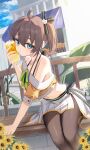  1girl ahoge black_pantyhose black_ribbon blue_eyes brown_hair cat_hair_ornament commentary_request cropped_jacket cup day flower green_ribbon hair_between_eyes hair_ornament hair_ribbon halterneck hand_up highres holding holding_cup hololive jacket looking_at_viewer midriff miniskirt natsuiro_matsuri natsuiro_matsuri_(1st_costume) navel off-shoulder_jacket off_shoulder on_bench orange_jacket outdoors pantyhose parted_lips pleated_skirt ribbon short-sleeved_jacket short_sleeves side_ponytail side_slit sitting skirt solo spaghetti_strap sunflower thomas_8000 virtual_youtuber white_skirt 