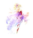  blonde_hair blue_eyes boots bridal_gauntlets cape earrings female final_fantasy final_fantasy_vi full_body jewelry long_hair looking_back mizukumohouse pantyhose ponytail purple_ribbon ribbon solo sword tina_branford weapon white_background 