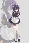  1girl alternate_costume apron between_legs black_dress blue_archive collared_dress commentary dress enmaided frilled_apron frilled_thigh_strap frills full_body grey_background halo hand_between_own_legs hand_up haruka_(blue_archive) highres maid maid_apron maid_headdress mary_janes muffin_(loveenanag) purple_eyes purple_hair purple_halo shoes short_dress short_sleeves socks standing thigh_strap waist_apron white_apron white_socks zoom_layer 