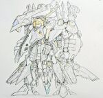  1girl a.i._voice adachi_rei alyzeus armor blonde_hair blush_stickers commentary_request earth_federation gundam gundam:_hathaway's_flash mecha mobile_suit pl9dk robot science_fiction solo traditional_media utau yellow_eyes 