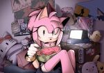  1girl amy_rose artist_request baby_animal bedroom bird bluey bluey_heeler canadian_flag charger chick cup eating food fork fruit hamilton_(musical) hedgehog_girl highres holding holding_fork laufey_(singer) looking_at_viewer mirror mug my_melody non-web_source pikachu pokemon poster_(object) real_life sanrio solo_focus sonic_(series) squishmallows sticky_note stuffed_animal stuffed_toy tablet_pc watermelon watermelon_slice 