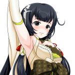  1girl arm_up armpits black_hair breasts bridal_gauntlets detached_sleeves dress embarrassed eyebrows_visible_through_hair green_dress grey_eyes hair_between_eyes hair_ornament hair_ribbon hair_tubes hakama highres japanese_clothes kantai_collection large_breasts long_hair looking_at_viewer low-tied_long_hair mizuho_(kantai_collection) ribbon sash sidelocks simple_background solo sweatdrop tk8d32 upper_body very_long_hair wavy_mouth white_background wide_sleeves 