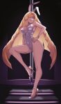  1girl absurdres animal_ears bare_arms bare_legs bare_shoulders blonde_hair bow bowtie breasts collar commentary commission diamond_(shape) dot_nose english_commentary fake_animal_ears full_body gem green_eyes green_gem hair_over_one_eye hand_on_own_hip hand_on_own_thigh high_heels highres indoors knee_up leotard long_hair looking_at_viewer lusamine_(pokemon) medium_breasts parted_lips playboy_bunny pokemon pokemon_sun_and_moon pole rabbit_ears shoes sleeve_cuffs sleeveless smirk solo stairs standing standing_on_one_leg stripper_pole variant_set very_long_hair vivivoovoo white_collar white_leotard white_shoes 