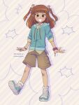  +++ 1girl :d absurdres aged_up ankle_socks aqua_jacket aqua_shoes arms_at_sides artist_name bandaid bandaid_on_knee bandaid_on_leg bare_legs blue_hood blunt_bangs blush bright_pupils brown_eyes brown_hair brown_shorts buttons collared_shirt commentary commission dark-skinned_female dark_skin diagonal-striped_background drawstring english_commentary flat_chest full_body grey_background grey_socks grin hair_ribbon highres hood hood_down hooded_jacket jacket jewelry looking_at_viewer medium_hair no_sclera omori outstretched_hand pink_ribbon pink_scrunchie pocket ribbon ring sally_(omori) scrunchie shirt shoes shorts shrimperini sidelocks simple_background smile socks solo standing standing_on_one_leg striped_background tareme three-quarter_sleeves two_side_up watermark white_pupils wrist_scrunchie yellow_background yellow_shirt zipper zipper_pull_tab 