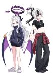  2girls absurdres alternate_costume arms_behind_back black_choker black_hair black_halo black_horns black_pants black_shirt blue_archive blue_jacket blue_shorts breasts choker clothes_around_waist collarbone commentary_request crop_top demon_girl demon_horns demon_wings earclip full_body grey_halo gym_shorts gym_uniform hair_between_eyes hair_ornament hairclip halo hands_in_pockets head_tilt highres hina_(blue_archive) horns jacket jacket_around_waist kayoko_(blue_archive) long_hair long_sleeves looking_at_viewer low_wings mole mole_on_collarbone multicolored_hair multicolored_halo multiple_girls multiple_horns navel own_hands_together pants parted_bangs parted_lips plaid_clothes plaid_jacket ponytail print_shirt purple_eyes purple_halo purple_shoes purple_wings red_eyes red_jacket ryoya shirt shoes short_sleeves shorts single_wing small_breasts standing stretching track_jacket two-tone_hair two-tone_halo very_long_hair white_background white_hair white_shoes wings 