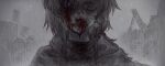  1girl ange_katrina artificial_eye bleeding blood blood_drip blood_from_mouth blood_on_face breath closed_mouth commentary_request eye_injury glass_eye grey_background grey_cloak hair_between_eyes highres injury long_bangs long_hair looking_at_viewer muted_color nijisanji portrait purple_eyes shou-star solo virtual_youtuber 