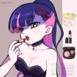  1girl applying_lipstick applying_makeup bare_shoulders black_bustier blue_eyes blue_hair breasts bustier commentary_request dokupiyoart hair_ornament heart heart_hair_ornament high_ponytail highres lace_collar large_breasts long_hair looking_at_viewer makeup multicolored_hair open_mouth panty_&amp;_stocking_with_garterbelt pink_hair ponytail solo stocking_(psg) teeth upper_teeth_only 