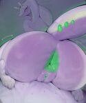 anthro anus barefoot biped bodily_fluids butt feet female generation_6_pokemon genitals goodra green_anus green_body green_eyes hi_res looking_back nintendo nude nude_female onm11 pokemon pokemon_(species) purple_body simple_background smile solo sweat vulva