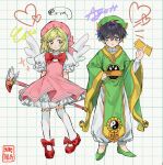  2girls absurdres agott_arklaum_(tongari_boushi_no_atelier) arms_behind_back artist_name between_fingers black_hair blush blush_stickers bow bowtie cardcaptor_sakura character_name chinese_clothes coco_(tongari_boushi_no_atelier) commentary cosplay crossdressing crossdressing_(ftm) dianzi dress english_commentary footwear_bow fuuin_no_tsue green_eyes green_hair green_shoes hat highres holding holding_wand kinomoto_sakura kinomoto_sakura_(cosplay) kinomoto_sakura_(magician) li_syaoran li_syaoran_(battle_costume) li_syaoran_(cosplay) long_sleeves looking_at_another magical_girl multiple_girls ofuda pink_dress pink_hat puffy_short_sleeves puffy_sleeves purple_eyes red_bow red_bowtie red_shoes shoes short_hair short_sleeves smile standing tacosyummy81624 tongari_boushi_no_atelier wand white_wings wide_sleeves wings 