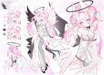  1girl angel black_choker black_gloves black_halo black_shoes bow breasts character_name choker cleavage color_guide double_bun dress elbow_gloves facial_mark forehead forehead_mark from_behind full_body gloves grey_thighhighs hair_bun halo head_tilt high_heels horns kuntou_art long_hair looking_at_viewer multicolored_hair multiple_views multiple_wings original pink_eyes pink_hair reference_sheet see-through_clothes see_through shoes small_breasts solo standing star_(symbol) star_facial_mark streaked_hair thighhighs tsurime upper_body wavy_hair white_bow white_dress white_hair white_thighhighs wings 