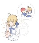  1boy 1girl ahoge artoria_pendragon_(fate) baige_1028 blonde_hair braid bun_with_braided_base caliburn_(fate) couple emiya_shirou fate/stay_night fate_(series) green_eyes hair_bun highres red_hair saber_(fate) 