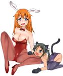  animal_ears bad_id bad_pixiv_id black_hair blue_eyes brown_hair bunny_ears bunnysuit cat_ears charlotte_e_yeager fang francesca_lucchini kittysuit long_hair multiple_girls pantyhose paws spread_legs strike_witches tail thighhighs twintails world_witches_series yuki_(wankosoba) 