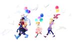  3boys balloon beard bird blonde_hair blue_eyes cain_highwind carrying cecil_harvey child children cid_pollendina dragon dress facial_hair female final_fantasy final_fantasy_iv goggles green_eyes grin hair_bun long_hair male male_focus mizukumohouse multiple_boys pants piggyback ponytail rosa_farrell scarf short_hair silver_hair smile 