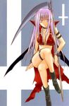  artist_request breasts chain choker cleavage copyright_request crossed_legs long_hair medium_breasts purple_eyes purple_hair scythe sitting solo thigh_strap 