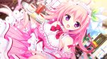  1girl :d ahoge bare_shoulders blush bow bowtie breasts buttons collared_shirt cowboy_shot cup detached_sleeves dress dutch_angle fang food frilled_dress frilled_sleeves frills fruit game_asset green_ribbon hair_between_eyes hair_ribbon haru_haru_(koikoko) holding holding_tray juliet_sleeves koi_suru_kokoro_to_mahou_no_kotoba large_breasts lemon lemon_slice long_hair long_sleeves looking_at_viewer maid_headdress non-web_source open_mouth pink_dress pink_hair pink_sleeves puffy_sleeves purple_eyes red_bow red_bowtie ribbon saucer self-datamine shiromochi_sakura shirt sleeveless sleeveless_shirt smile solo striped_clothes striped_dress tea teacup tray variant_set vertical-striped_clothes vertical-striped_dress vertical-striped_sleeves white_shirt 