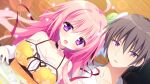  1boy 1girl :d ahoge bare_shoulders black_choker blush breasts brown_hair camisole choker cleavage collarbone game_asset hair_between_eyes haru_haru_(koikoko) harutoki_narumi koi_suru_kokoro_to_mahou_no_kotoba large_breasts long_hair looking_at_viewer lying non-web_source on_back on_floor open_mouth pink_hair purple_eyes self-datamine shiromochi_sakura short_hair smile spaghetti_strap upper_body variant_set visual_novel_cg wooden_floor yellow_camisole 