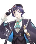  1boy ascot black_cloak black_gloves black_hat black_shorts black_vest blue_ascot blue_cloak blue_gem blunt_ends boater_hat bright_pupils brooch cat_mask chain choppy_bangs cloak closed_mouth collared_shirt commentary_request domino_mask dress_shirt eye_mask eyeliner feathers formal_clothes frilled_shirt_collar frilled_sleeves frills from_below gem genshin_impact gloves glowing_gem gold gold_chain hakama hakama_shorts half_gloves hand_up hat highres holding holding_mask japanese_clothes jewelry lapels layered_ascot leu_135 long_sleeves looking_at_viewer makeup male_focus mask official_alternate_costume pom_pom_(clothes) purple_ascot purple_eyes purple_hair red_eyeliner scaramouche_(genshin_impact) shirt shorts smile solo tsurime twitter_username two-sided_cloak two-sided_fabric upper_body vest wanderer_(genshin_fes_2026)_(genshin_impact) wanderer_(genshin_impact) white_background white_pupils white_shirt white_sleeves yellow_feathers 