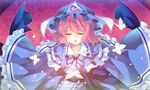  bug butterfly fan glowing hat insect japanese_clothes kimono outstretched_arms pink_hair saigyouji_yuyuko shinia short_hair sleeves_past_wrists solo spread_arms touhou wide_sleeves 