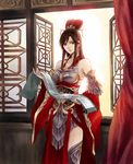  bare_shoulders black_hair chinese_clothes curtains detached_sleeves earrings hair_ornament hat headdress jewelry long_hair original pengnangehao red_eyes scroll solo thighhighs window 