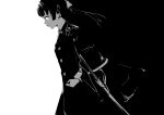  1girl absurdres epaulettes from_side guratanchikin hair_tie heaven_burns_red highres katana looking_at_viewer military_uniform monochrome natsume_inori ponytail sword weapon 