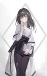  1girl absurdres arknights black_hair black_hairband black_pantyhose checkered_hairband chinese_commentary clipboard coat commentary diamond-shaped_pupils diamond_(shape) feet_out_of_frame fengshengruyu gradient_background grey_background hairband hand_up high-waist_skirt highres holding holding_clipboard id_card index_finger_raised lab_coat looking_at_viewer looking_down open_clothes open_coat pantyhose priestess_(arknights) purple_eyes ribbed_collar shirt skirt smile solo standing symbol-shaped_pupils turtleneck white_shirt wide_sleeves 