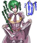  1girl arc_system_works blazblue dress female genderswap green_hair hazama kedama-com orange_eyes pantyhose short_hair skirt skirt_lift solo thighhighs white_background 