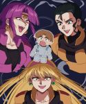  bell bell_earrings black_eyes black_hair blonde_hair blue_eyes bodysuit brown_eyes brown_hair chibi circlet commentary_request crazy_eyes cropped_torso curtained_hair earrings fuala_griffon gundam hair_bun hairband highres jewelry jingle_bell katejina_loos lipstick long_hair looking_at_another lupe_cineau makeup mecha_pilot_suit orange_bodysuit pink_bodysuit pink_hairband red_lips short_hair shoulder_pads stud_earrings tsubakiohana02 uso_ewin victory_gundam white_bodysuit wide-eyed 