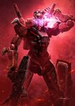  absurdres asymmetrical_dual_wielding beam_rifle commentary_request dual_wielding embers energy_gun energy_sword feet_out_of_frame glowing glowing_eyes gun gundam gundam_gquuuuuux highres holding holding_gun holding_sword holding_weapon looking_at_viewer mecha mecha_focus mobile_suit no_humans purple_eyes red_gundam red_theme robot science_fiction sheath shield signature sparks standing sword taka-f unsheathing v-fin weapon zeon 