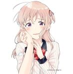  2girls amano_konatsu blonde_hair blush bow bowtie hagino_makoto hair_ribbon hand_on_another's_cheek hand_on_another's_face honami_koyuki long_hair looking_at_viewer missing_commentary multiple_girls nettaigyo_wa_yuki_ni_kogareru official_art open_mouth purple_eyes red_bow red_bowtie red_ribbon ribbon shirt simple_background striped_clothes striped_shirt tearing_up white_background 