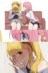  2girls absurdres black_camisole black_shorts blonde_hair blue_eyes blush bocchi_the_rock! camisole cardigan closed_mouth commentary_request couch gotoh_hitori grey_cardigan grey_shorts highres ijichi_nijika looking_at_another multiple_girls off_shoulder on_couch pink_hair red_eyes seisyuntarotto shirt shorts side_ponytail smelling translation_request white_shirt yuri 
