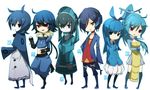  2boys 4girls ahoge azumarill black_hair blue_eyes blue_hair breasts bronzong cleavage coat dress floating frown garchomp gijinka green_eyes hair_over_one_eye hair_ribbon headdress jacket kingdra long_hair looking_back lucario mantine moemon multiple_boys multiple_girls open_mouth personification pokemon pokemon_(game) ponytail red_eyes ribbon short_hair simple_background smile smirk yellow_eyes 