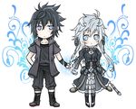  1boy 1girl black_hair blue_eyes blush boots breasts chibi cleavage dress fantasysky_(pixiv662864) final_fantasy final_fantasy_versus_xiii final_fantasy_xv frown gijinka gothic_lolita hair_ornament hair_ornaments hand_holding jacket lolita_fashion noctis_lucis_caelum personification shinzui_(fantasysky7) sword weapon white_hair 