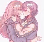  2girls bang_dream! bang_dream!_it's_mygo!!!!! blue_jacket chihaya_anon closed_mouth commentary_request earrings eye_contact fang grey_background grey_eyes grey_hair highres i00236 jacket jewelry long_hair looking_at_another multiple_girls open_mouth pink_eyes pink_hair shirt short_hair simple_background takamatsu_tomori upper_body white_shirt yuri 