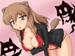  animal_ears breasts brown_hair cleavage fernandia_malvezzi large_breasts long_hair panties red_panties solo strike_witches tail underwear uramachi_katana world_witches_series 