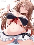  1girl absurdres ahoge bare_shoulders bikini bikini_skirt black_choker breasts brown_hair choker collarbone commentary_request dated frilled_skirt frills hair_flaps hair_ornament hairclip heterochromia highres kantai_collection large_breasts long_hair looking_at_viewer midriff murasame_(kancolle) murasame_(swimsuit)_(kancolle) murasame_kai_ni_(kancolle) navel open_mouth red_eyes skirt swimsuit toms white_background white_skirt 