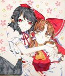  2girls absurdres ascot black_hair black_skirt blush bow brown_eyes brown_hair closed_mouth commentary_request detached_sleeves frilled_bow frilled_hair_tubes frills hair_bow hair_tubes hakurei_reimu highres hug long_hair medium_hair multiple_girls neck_ribbon pointy_ears puffy_short_sleeves puffy_sleeves red_bow red_eyes red_ribbon ribbon ribbon-trimmed_sleeves ribbon_trim shameimaru_aya shikishi shirt short_sleeves skirt toraneko_2 touhou traditional_media white_shirt yellow_ascot yuri 
