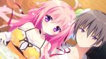  1boy 1girl ahoge bare_shoulders black_choker blush breasts brown_hair camisole choker cleavage closed_mouth collarbone game_asset hair_between_eyes haru_haru_(koikoko) harutoki_narumi koi_suru_kokoro_to_mahou_no_kotoba large_breasts long_hair looking_at_viewer lying non-web_source on_back on_floor pink_hair purple_eyes self-datamine shiromochi_sakura short_hair smile spaghetti_strap upper_body variant_set visual_novel_cg wooden_floor yellow_camisole 