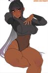  1girl absurdres arm_behind_head black_hair black_leotard black_shrug blue_archive breasts breasts_apart closed_mouth covered_collarbone covered_navel cowboy_shot cropped_shirt crossed_legs dark-skinned_female dark_skin gradient_hair hair_bun halo hand_on_own_chest highres invisible_chair karin_(blue_archive) large_breasts leotard lips long_hair looking_at_viewer multicolored_hair nose patreon_username purple_hair purple_halo see-through_clothes see-through_leotard shrug_(clothing) sidelocks simple_background sitting solo stopu thick_thighs thighs very_long_hair white_background yellow_eyes 