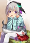  1girl :p absurdres ahoge aqua_cardigan aya_(0707) black_flower black_hairband black_ribbon black_rose blunt_bangs cardigan commentary_request eyelashes eyes_visible_through_hair feet_out_of_frame flower grey_hair hair_between_eyes hair_flower hair_ornament hair_ribbon hairband hands_on_own_cheeks hands_on_own_face hands_up heaven_burns_red highres indoors leaning_forward looking_at_viewer medium_hair minase_sumomo miniskirt on_bed pantyhose paw_print pink_ribbon plaid_clothes plaid_skirt pleated_skirt purple_eyes purple_pupils purple_ribbon red_skirt ribbon ribbon-trimmed_pantyhose rose sitting skirt sleeves_past_wrists solo stuffed_animal stuffed_cat stuffed_toy tareme tongue tongue_out white_pantyhose 