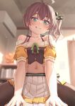  1girl absurdres ahoge bed black_pantyhose black_ribbon blue_eyes bookshelf brown_hair commentary_request cropped_jacket green_ribbon hair_between_eyes hair_ribbon halterneck highres hololive indoors jacket looking_at_viewer midriff miniskirt natsuiro_matsuri natsuiro_matsuri_(1st_costume) navel off-shoulder_jacket off_shoulder orange_jacket pantyhose pleated_skirt ribbon short-sleeved_jacket short_sleeves side_ponytail sitting sitting_on_person skirt solo spaghetti_strap starkamisan sweat virtual_youtuber white_skirt 