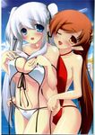  2girls bikini blush breasts cleavage multiple_girls pointy_ears smile swimsuit wink 