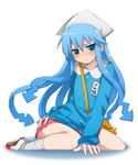  3: annoyed bag blue_eyes blue_hair blush cosplay eyebrows_visible_through_hair frown full_body hat hattori_masaki highres ikamusume jitome kindergarten_bag kindergarten_uniform kneeling long_hair shinryaku!_ikamusume shoes simple_background sitting socks solo tentacle_hair tentacles uwabaki v-shaped_eyebrows wariza wavy_mouth 