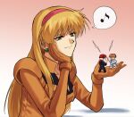  1girl 2boys black_bodysuit bodysuit brown_eyes brown_hair chibi chronicle_asher closed_mouth commentary duel earrings eighth_note energy_sword green_eyes gundam hairband hand_on_own_cheek hand_on_own_face hands_up head_rest highres holding holding_sword holding_weapon jewelry katejina_loos lightning_bolt_symbol long_hair looking_at_another mask mecha_pilot_suit medium_hair mini_person miniboy multiple_boys musical_note open_mouth orange_bodysuit red_hair red_hairband short_hair shoulder_pads smile speech_bubble spoken_musical_note standing sword tsubakiohana02 uso_ewin victory_gundam weapon white_bodysuit white_mask 