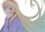  1girl blonde_hair commentary earrings from_side gundam hairband hand_on_own_cheek hand_on_own_face hand_up head_rest highres jewelry katejina_loos konishiki_(52siki) long_hair looking_at_viewer looking_to_the_side parted_lips red_eyes red_hairband shirt simple_background solo turning_head upper_body very_long_hair victory_gundam white_background white_shirt 