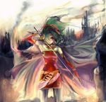  bridal_gauntlets cape female final_fantasy final_fantasy_vi green_hair hair_over_one_eye long_hair lowres mizukumohouse orange_eyes outdoors pantyhose rapier sky solo sword tiara tina_branford weapon 