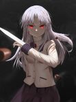  1girl absurdres angel_beats! arm_behind_back black_background black_skirt blurry brooch bullet closed_mouth collared_shirt colored_eyelashes commentary cowboy_shot depth_of_field eyelashes eyes_visible_through_hair fighting_stance film_grain floating_hair glowing glowing_eyes grey_hair hair_between_eyes hand_sonic hand_up highres jacket jewelry long_hair long_sleeves looking_at_viewer neck_ribbon pleated_skirt red_eyes ribbon school_uniform serious shirt simple_background skirt solo tachibana_kanade tanac_mangi white_shirt yellow_jacket yellow_ribbon 