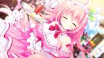  1girl ^_^ ahoge bare_shoulders blush bow bowtie breasts buttons closed_eyes closed_mouth collared_shirt cowboy_shot cup detached_sleeves dress dutch_angle food frilled_dress frilled_sleeves frills fruit game_asset green_ribbon hair_between_eyes hair_ribbon haru_haru_(koikoko) holding holding_tray juliet_sleeves koi_suru_kokoro_to_mahou_no_kotoba large_breasts lemon lemon_slice long_hair long_sleeves maid_headdress non-web_source pink_dress pink_hair pink_sleeves puffy_sleeves red_bow red_bowtie ribbon saucer self-datamine shiromochi_sakura shirt sleeveless sleeveless_shirt smile solo striped_clothes striped_dress tea teacup tray variant_set vertical-striped_clothes vertical-striped_dress vertical-striped_sleeves white_shirt 