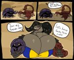 2026 abstract_background ambiguous_gender anthro anthro_focus arachnid arthropod big_breasts big_horn breasts brown_background brown_body brown_scales carrying_another cleavage cleavage_overflow clothed clothing crustacean curved_horn deathclaw decapod dialogue eyes_closed fallout fan_character fangs female feral group happy hi_res horn huge_breasts johndrawfatties larger_anthro larger_female lucy_the_deathclaw malacostracan microsoft mirelurk_(fallout) onomatopoeia open_mouth open_smile pincers radscorpion_(fallout) reptile scales scalie scorpion sharp_teeth shell shirt simple_background size_difference smaller_feral smile solo_focus sound_effects speech_bubble stinger talking_to_another teeth text topwear trio
